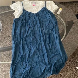 Denim dress with white shirt